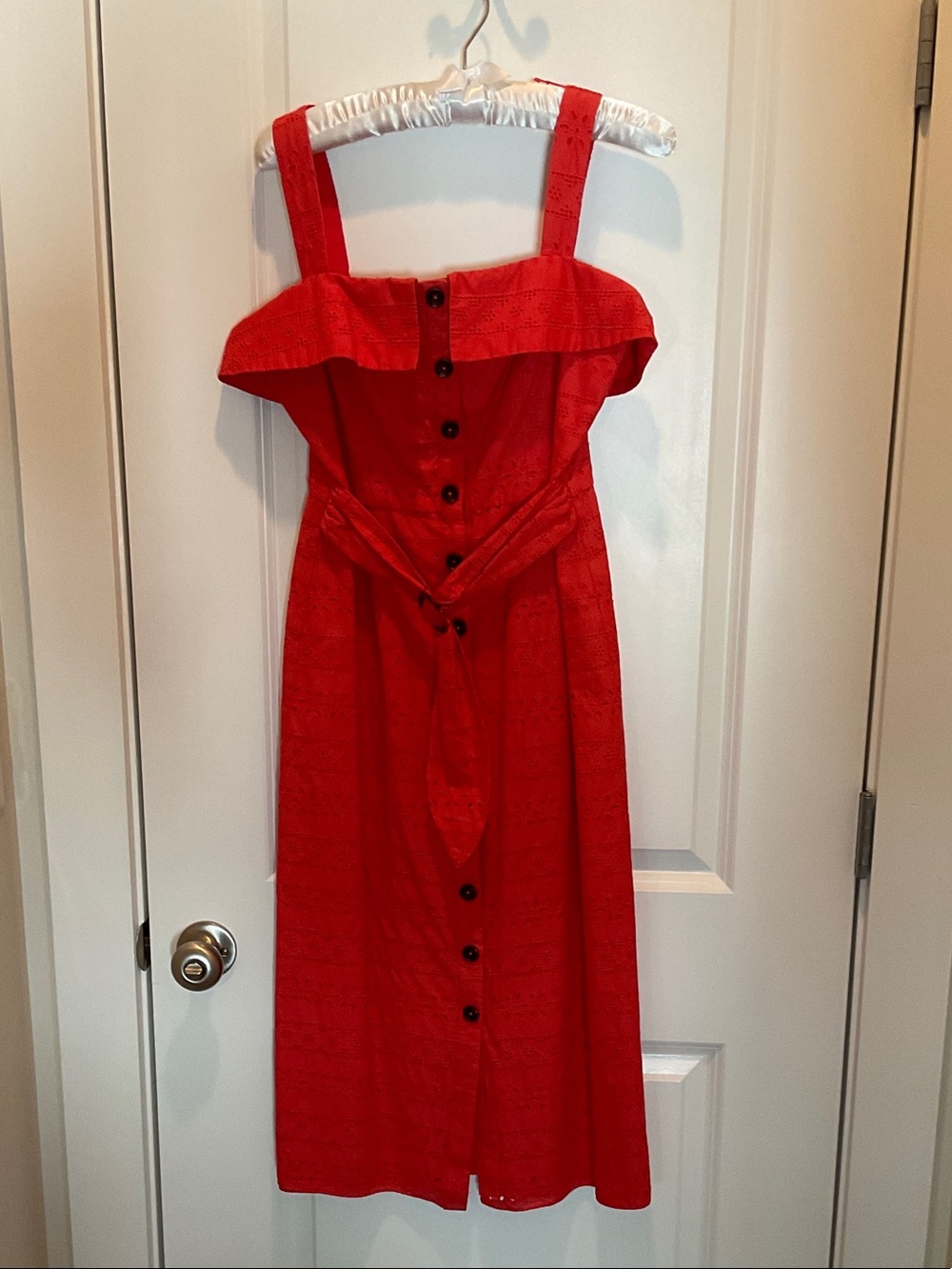 Shoshanna Red Button-Front Midi Dress with Tie Waist